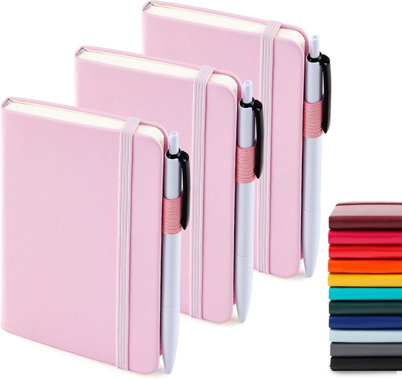 Feela 3 Pack Pocket Small Notebook Journals, Mini Cute Memo Notepad Hardcover College Ruled Lined Journals with Pen Holder for Women Girls Office School, with 3 Black Pens, 3.5”x 5.5”, A6, Rose Pink - Image 1